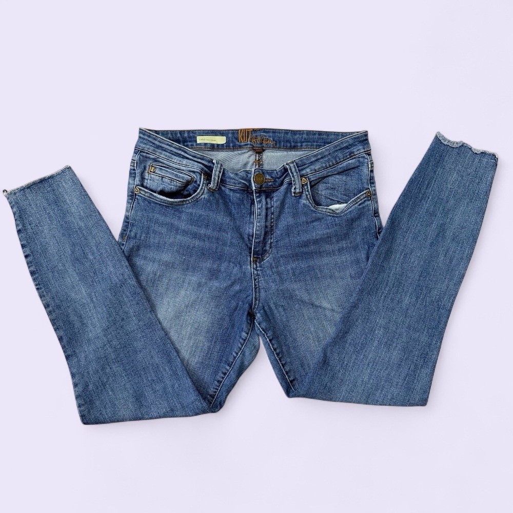 Kut from the Kloth Women's CARLO Ankle Skinny Jeans Blue Raw Hem Stretch Size 12